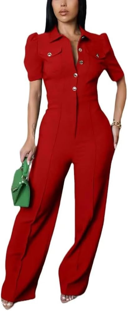 Women's fashionable, sexy, elegant, high waisted, wide leg pants, club business party button jump... | Amazon (US)