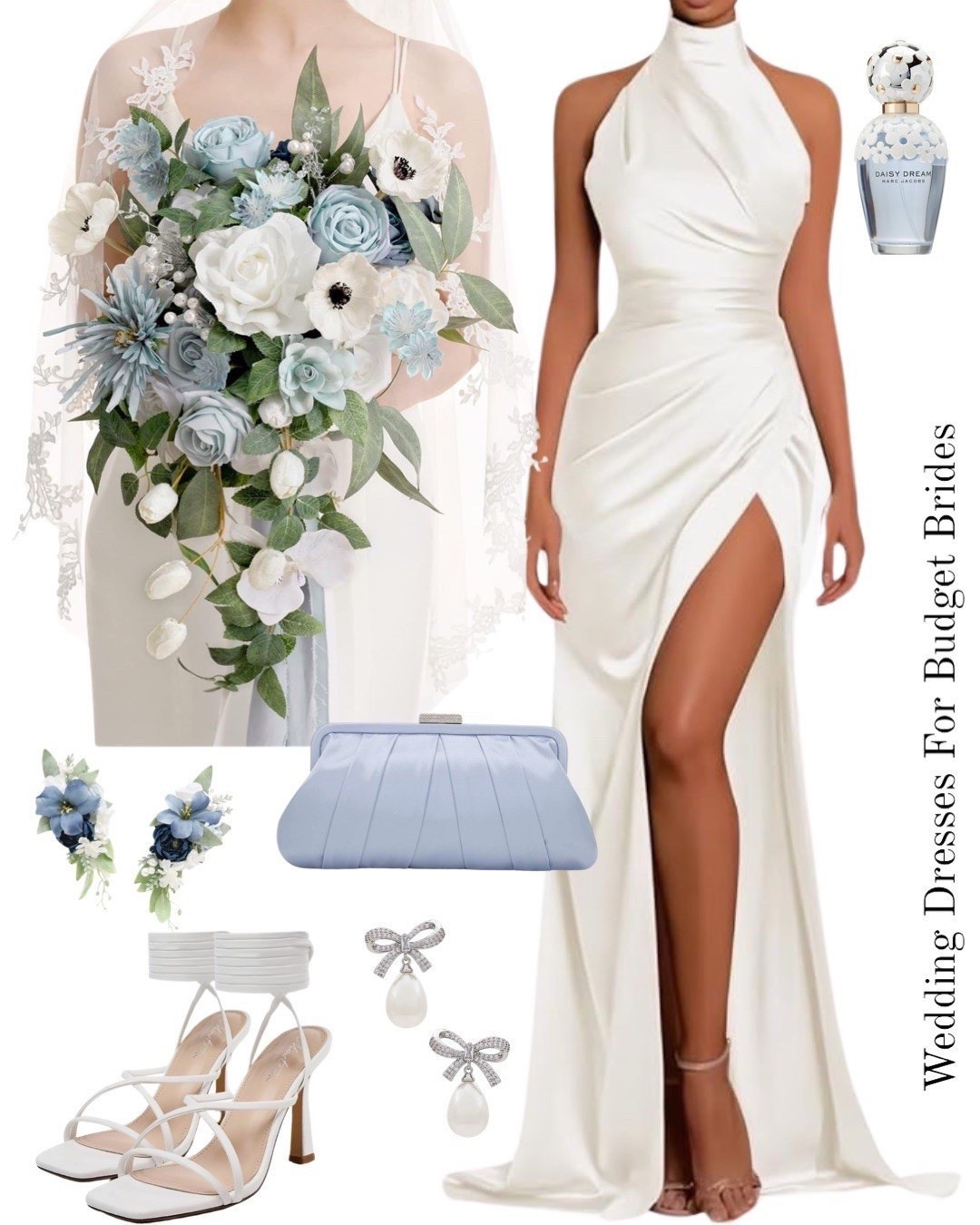 Sleek white wedding day outfit with blue accessories for the bride to be. From Amazon.

#brideonabudget #engagementphotos 
#whitedresses #rehearsaldinnerdress #backyardweddings
#affordablebridal
#founditonamazonfashion #receptiondress

#LTKWedding #LTKSeasonal