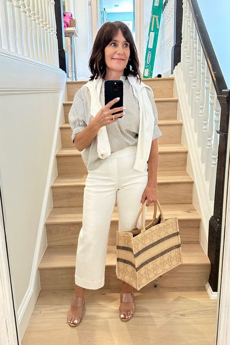 Outfit of the night! I love these Spanx white pants that are so flattering and smooth out everything! I wear a size small in petites! These Schutz Victorie sandals are also back in stock!

#LTKfit #LTKFind #LTKSeasonal
