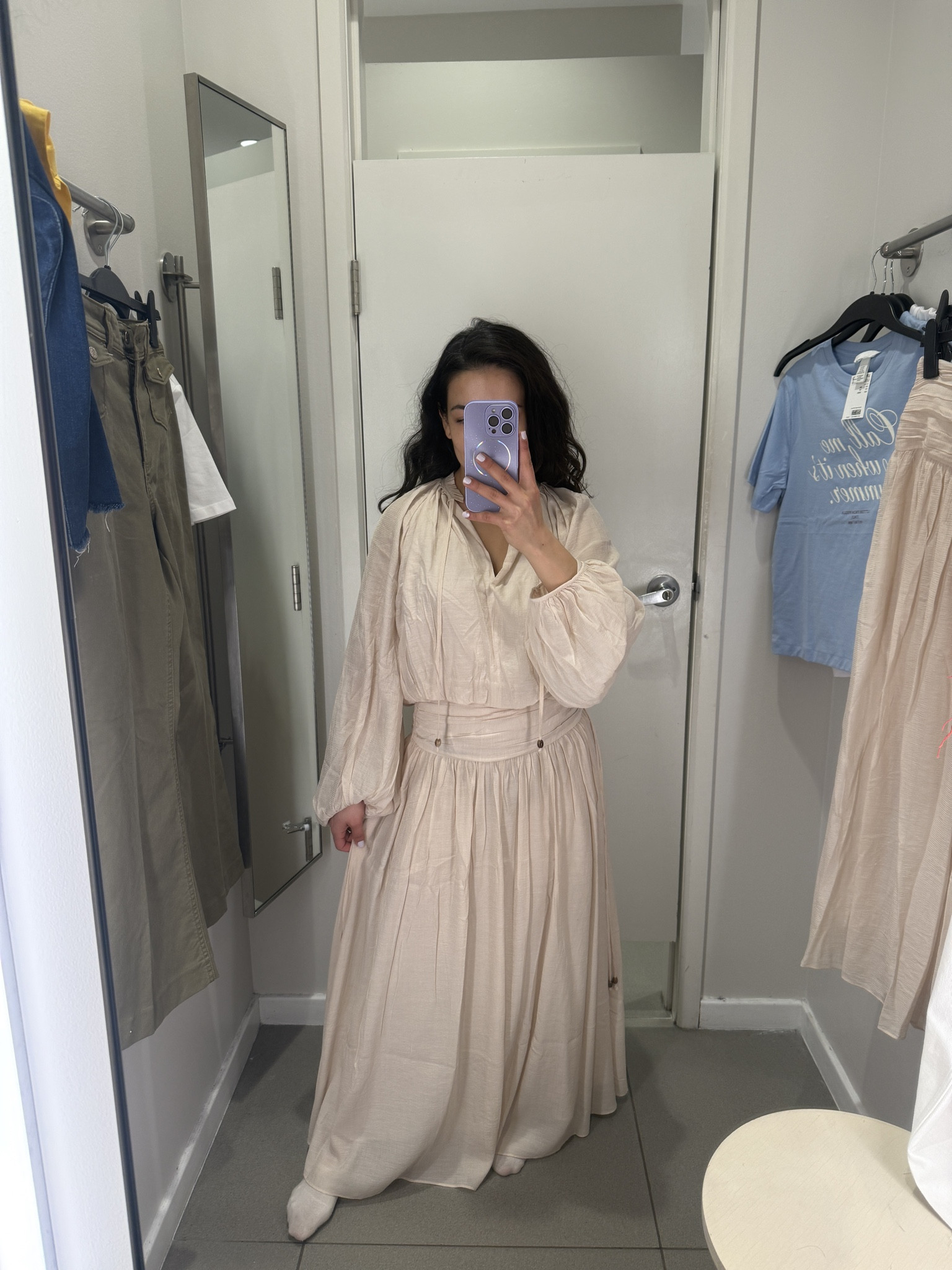 This lightweight maxi skirt and long sleeve shirt set is perfect for cooler summer days. I would take this on a beach vacation. It's a little long but could work for petites with a heeled sandal. 

 #LTKSeasonal #LTKPetite