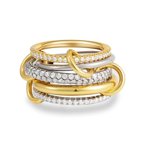 Eaciy Gold Stackable Rings for Women, 18k Gold Plated Cubic Zirconia Rings, Silver Gold Multi Ring Mixed Metals Stackable Ring Set for Women Non Tarnish Size 9 | Amazon (US)