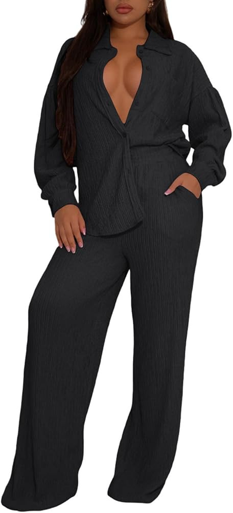Ophestin Women 2 Piece Dressy Outfits Casual Pleated Long Sleeve Button Down Shirt Wide Leg Pants... | Amazon (US)