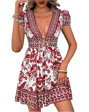 WDIRARA Women's Boho Floral Ruffle Hem Short Dress Puff Sleeve Deep V Neck Tie Front Dresses | Amazon (US)