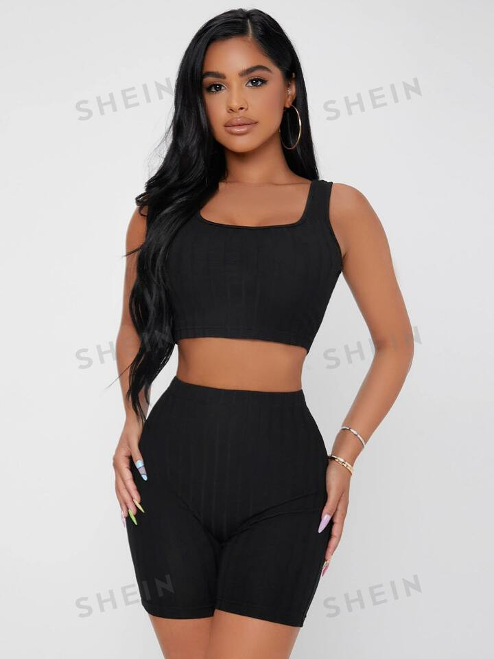 SHEIN PETITE Solid Rib-knit Crop Tank Top & Biker Shorts Set | SHEIN