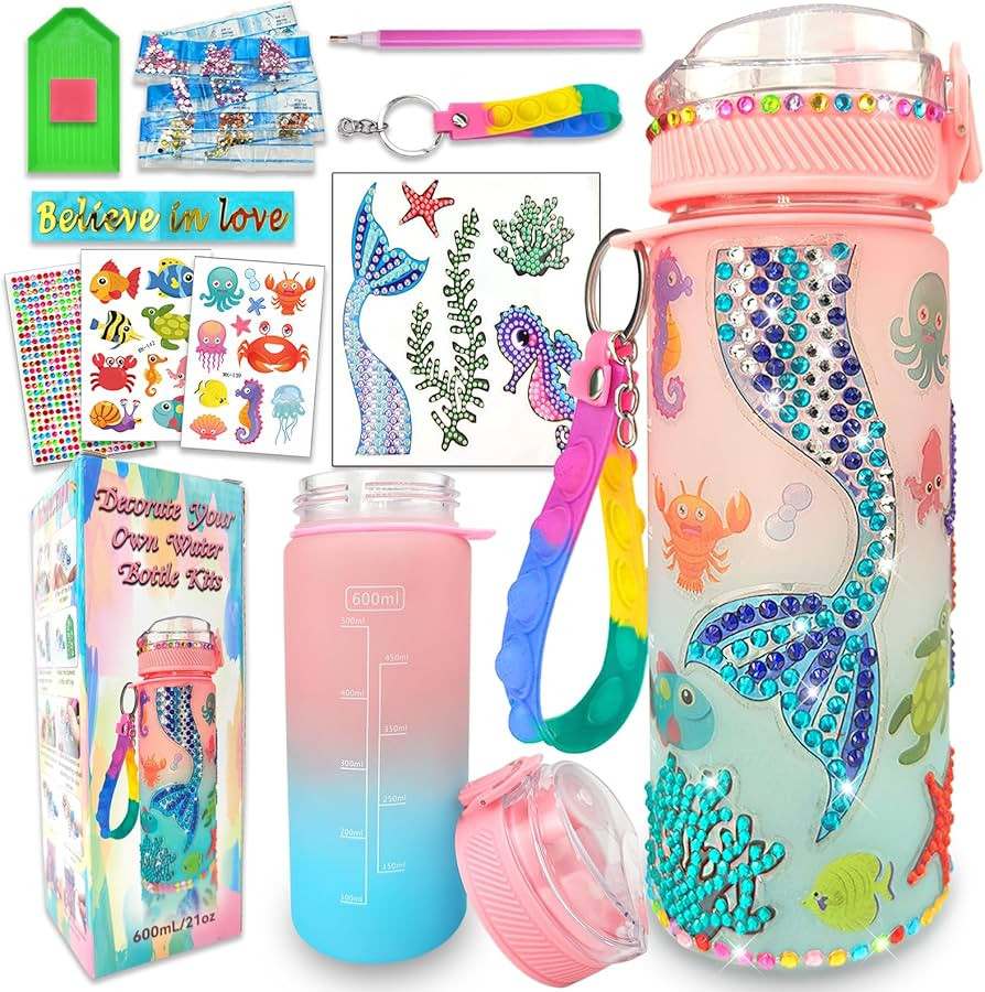 Decorate Your Own Water Bottle Kits for Girls Age 4-6-8-10,Mermaid Gem Diamond Painting Crafts,Fu... | Amazon (US)