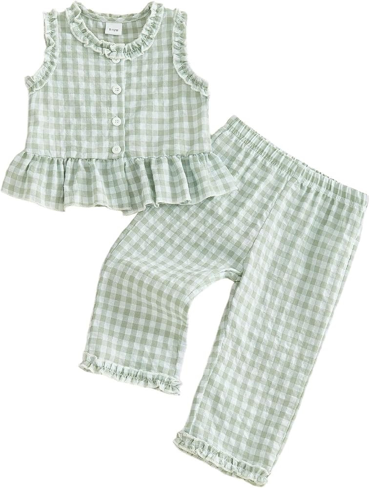 Thorn Tree Girls Summer Outfits Ruffle Sleeve Button Up Dress Tops Plaid Linen Pants Spring Toddl... | Amazon (US)