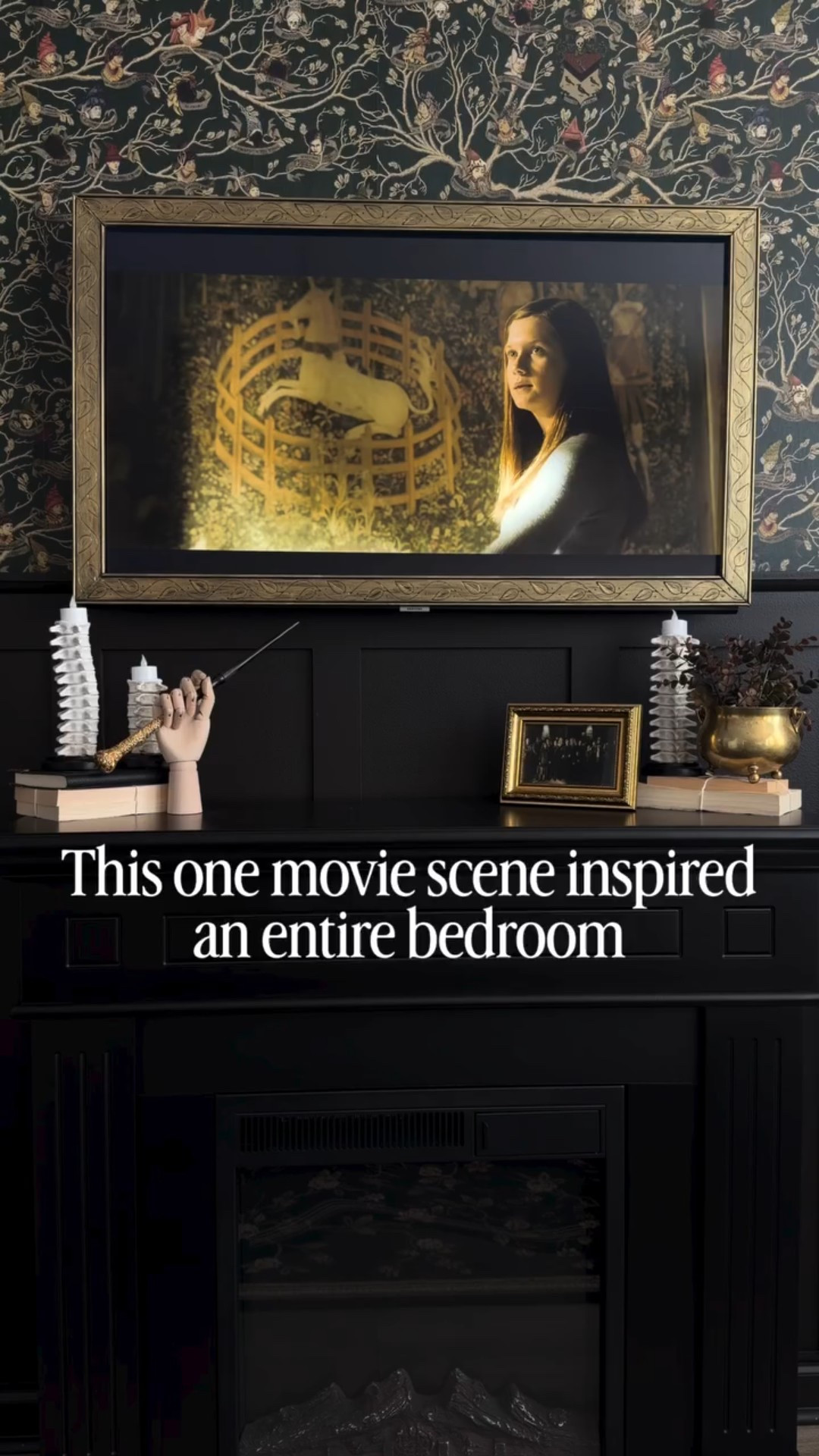 A master bedroom straight out of a Hogwarts movie scene! 

The Unicorn in Captivity tapestry has always been one of my favorites (aside from the Gryffindor common room tapestry of course), and after seeing it I was determined to find it as a wallpaper. It took AGES to find one that looked right and that would also fit my space. 

I kept the other walls white for some time, but finally decided to color drench the room recently with Essex Green by Sherwin Williams, but paint matched by @behrpaint. This green is a rich, moody, daydream with black undertones and I am HERE FOR IT. Whoever said that painting rooms dark makes the room smaller is wrong because it opened the space up significantly. 

Of course I had to add other Harry Potter touches, such as the Hedwig lamp, the Time Turner Clock, and Harry Potter bedding from @potterybarnteen. I did a DIY frame for my TV, and I added one of my favorite photos of myself (probably conceited but my husband approved). 

{{Unfortunately the maker of the wallpaper is no longer in business on Etsy, otherwise I would share the link for the wallpaper. It’s a magnificent quality, and was easily applied with wallpaper paste.}}

Would you create a magical space like this? 

#harrypotter #harrypotterandthehalfbloodprince #hogwarts @harrypotterstyle 
Harry Potter 
Wizarding World