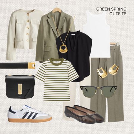 Spring capsule wardrobe in green 🍀 Love how you can combine so many outfits with just a few items! Will post outfit ideas as well on my ltk 

‼️Don’t forget to tap 🖤 to add this post to your favorites folder below and come back later to shop

Make sure to check out the size reviews/guides to pick the right size

Striped tshirt, green tailored pants, linen pants, white tank top, black mousseline top, green blazer, linen buttoned up jacket, demellier handbag, adidas samba, golden earrings, spring casual outfits

#LTKeurope #LTKstyletip #LTKSeasonal