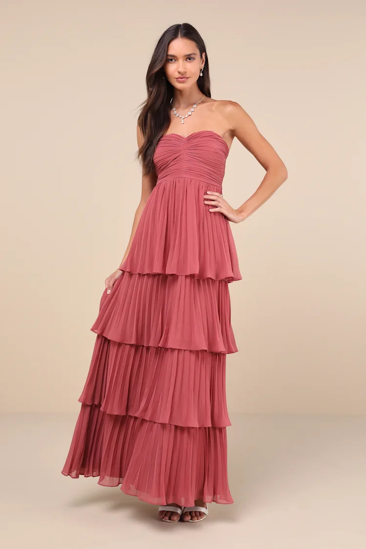 Seriously Sensational Rusty Rose Strapless Tiered Maxi Dress | Lulus