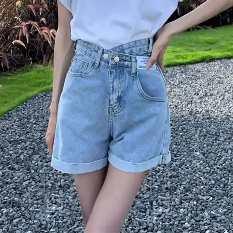 Womens Crossover High Waisted Jean Shorts Trendy Denim Shorts Casual Summer Wide Leg Rolled Hem S... | Walmart (US)