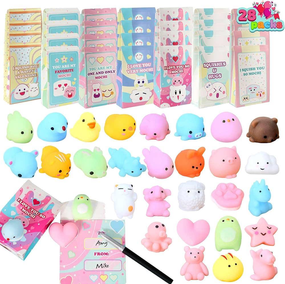 JOYIN 28 Packs Valentine Mochi Squishy Toys with Party Favor Bag for Kids Classroom Gift Exchange... | Amazon (US)