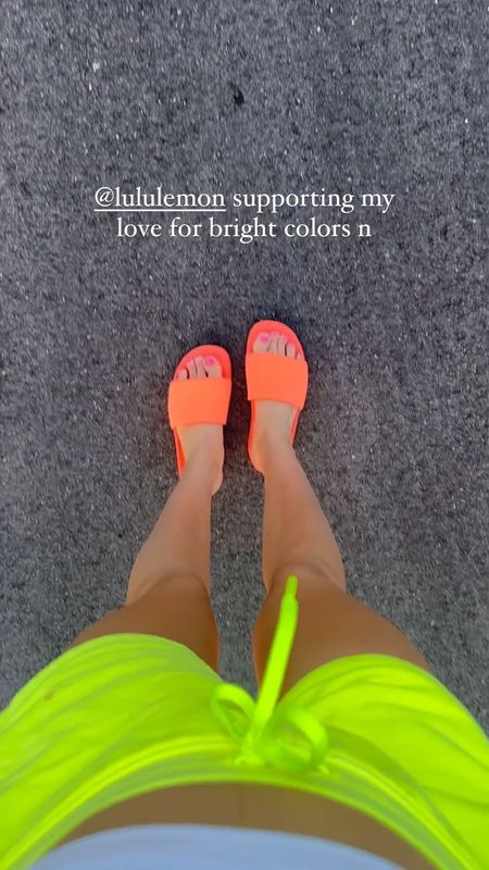 Lululemon supporting my love for bright colors right now. LOVE these slides. Linked my shorts in different colors plus another neon yellow shorts style!