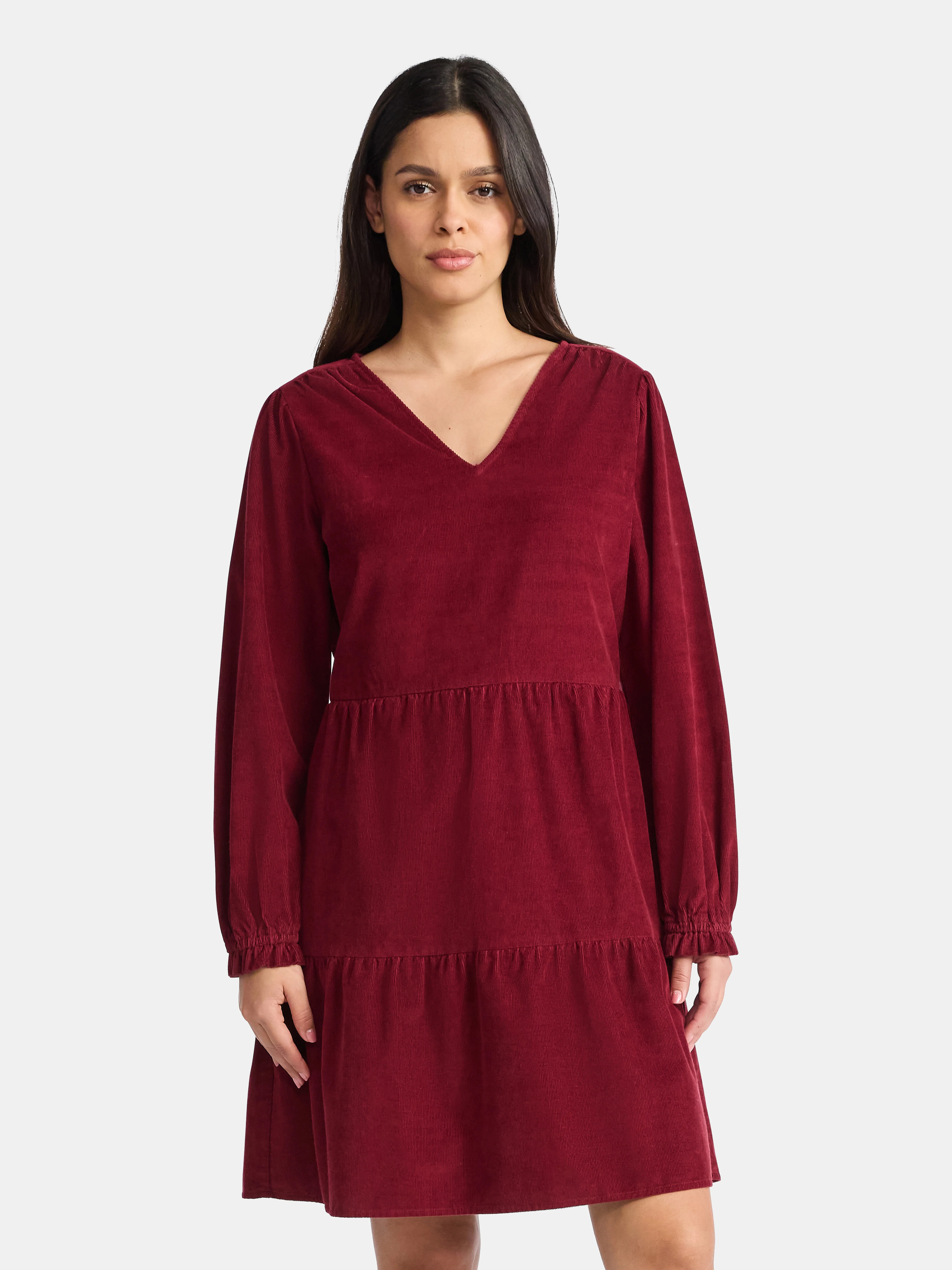 Time and Tru Women's Tiered Corduroy Dress with Long Sleeves, Sizes XS-XXXL | Walmart (US)