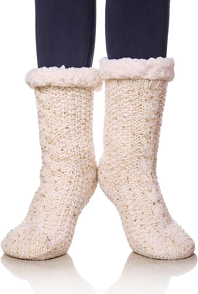 SDBING Women's Sequin Super Soft Warm Cozy Fuzzy Fleece-lined Winter Christmas gift Slipper socks | Amazon (US)