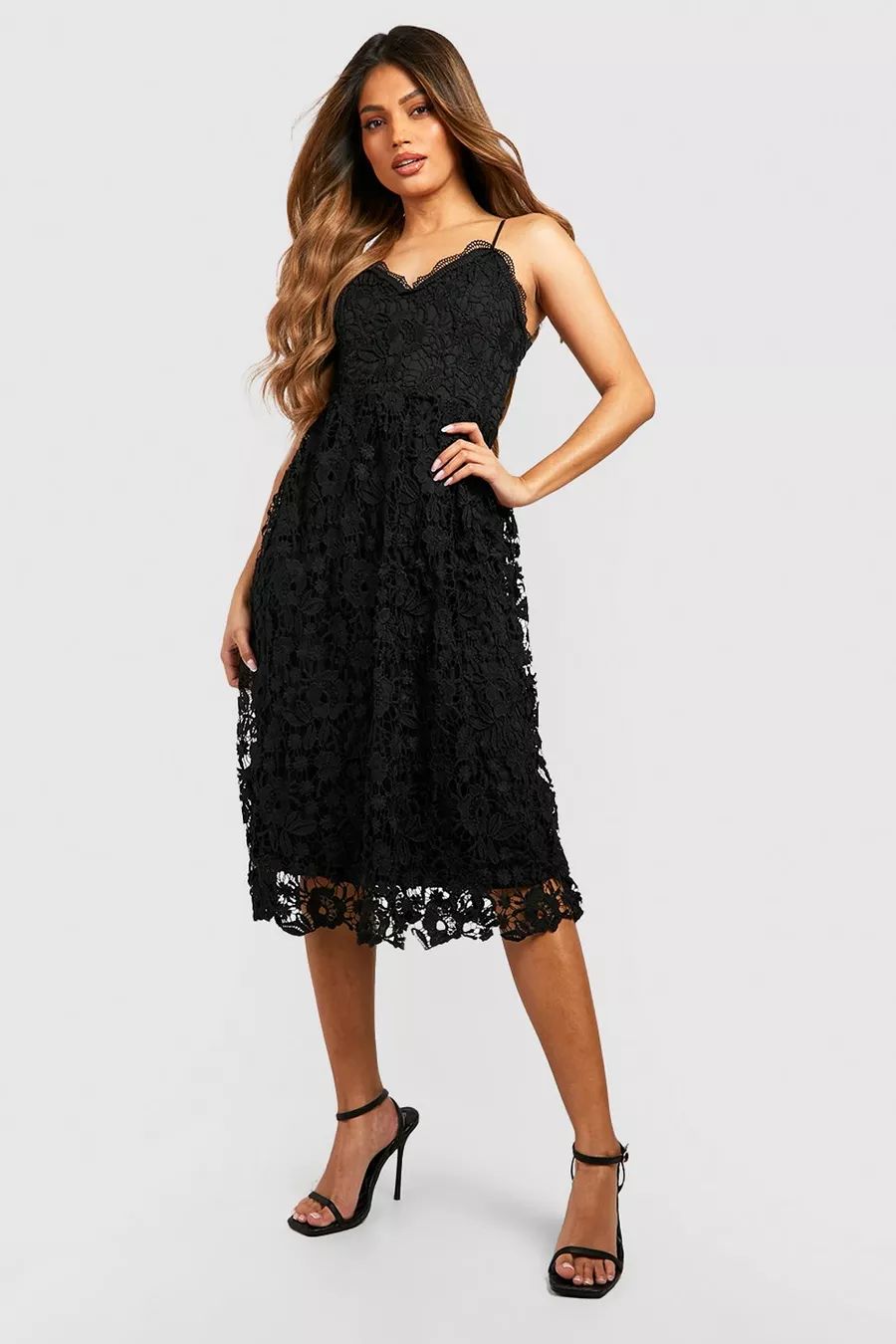 Strappy Crochet Lace Skater Midi Dress | Boohoo.com (US & CA)