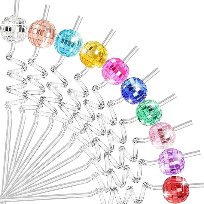16 Pieces Disco Ball Straws Colorful - 70s Glitter Mirror Disco Straws Party Decoration Straws fo... | Amazon (US)