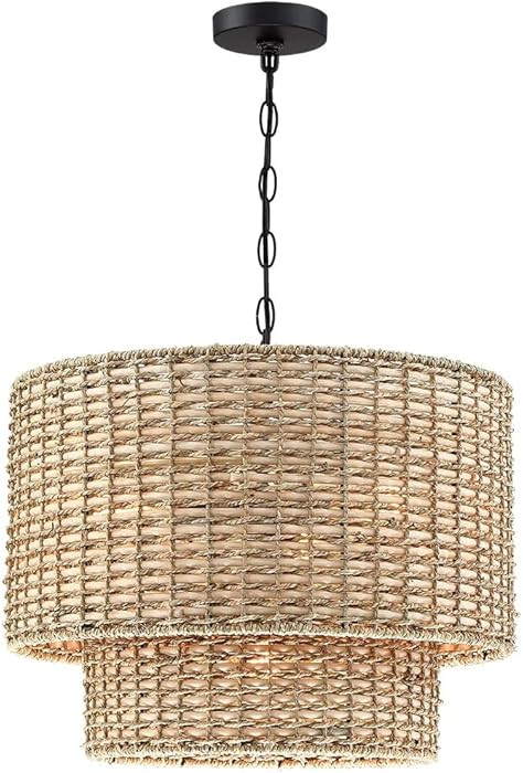 20 in. 4-Light Rattan Tiered Drum Chandelier Light with Black Canopy W Beige Bohemian Eclectic Na... | Amazon (US)