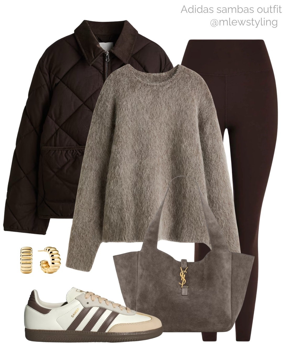 Comfy fall outfit with dark brown leggings and a cozy sweater 🤎🐻

Tags: adidas samba sneakers, ysl suede tote bag, new in h&m mohair knit, chocolate brown quilted jacket, autumn fashion, weekend outfit, errands look, school drop off 

#LTKItBag #LTKSeasonal #LTKShoeCrush
