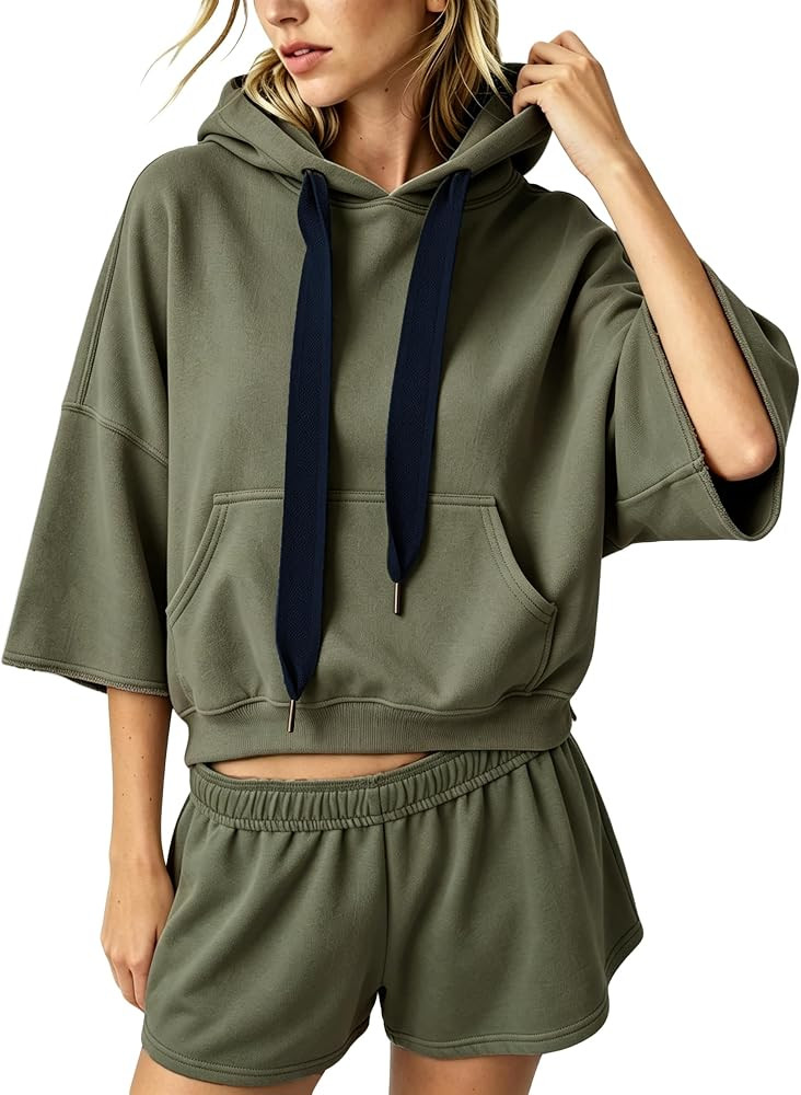 Dsewapur Women\u2019s 3/4 Sleeve Cropped Hoodie Contrast Drawcord | Amazon (US)