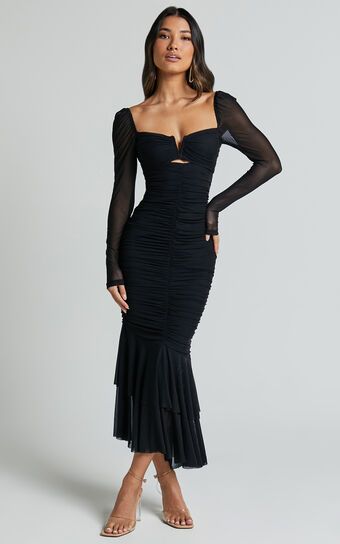 Arabella Midi Dress - Bust Detail Ruched Mesh Midi with Cut Out Detail in Black | Showpo (US, UK & Europe)