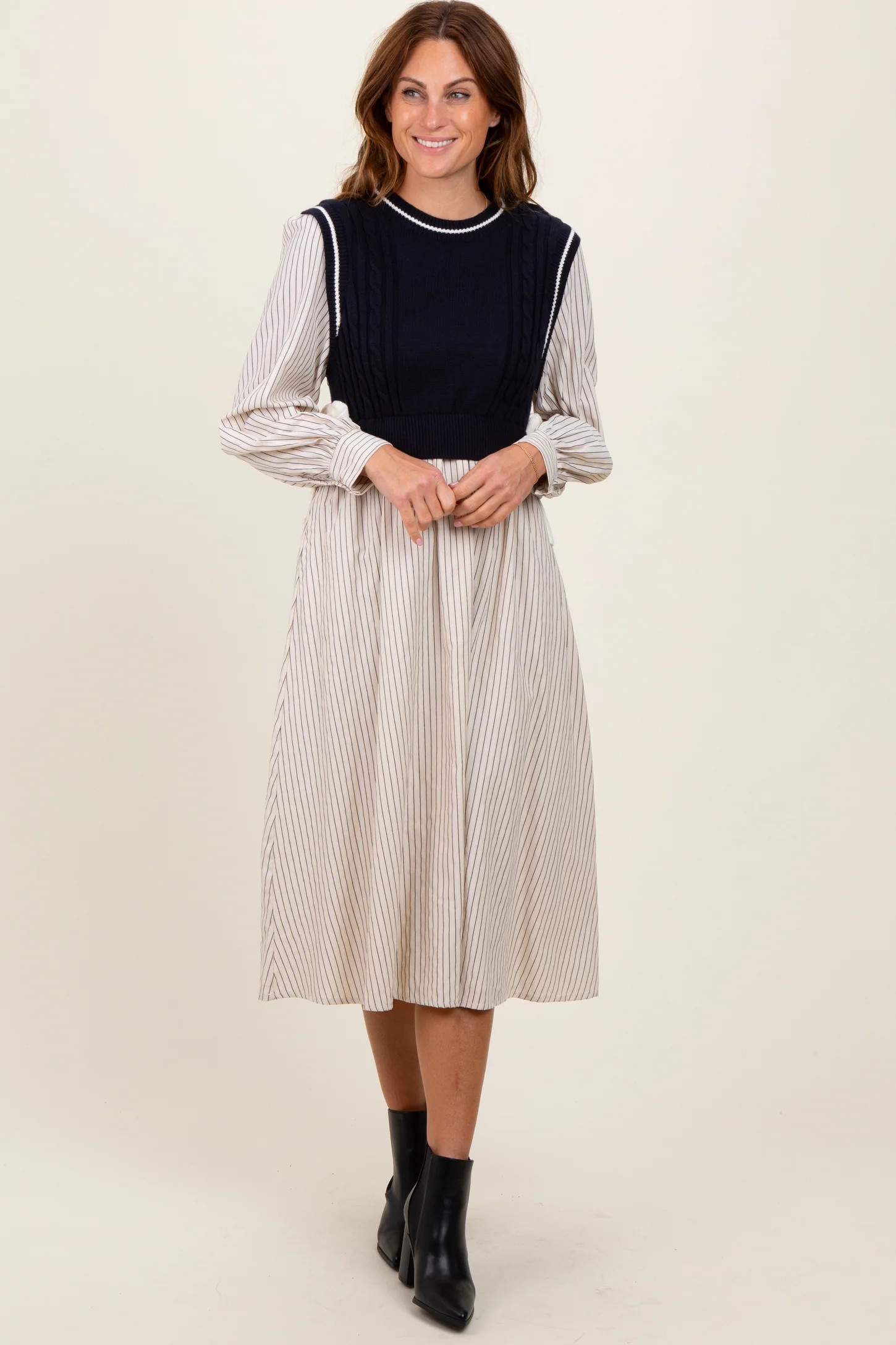 Navy Striped Contrast Sweater Knit Top Midi Dress | PinkBlush Maternity