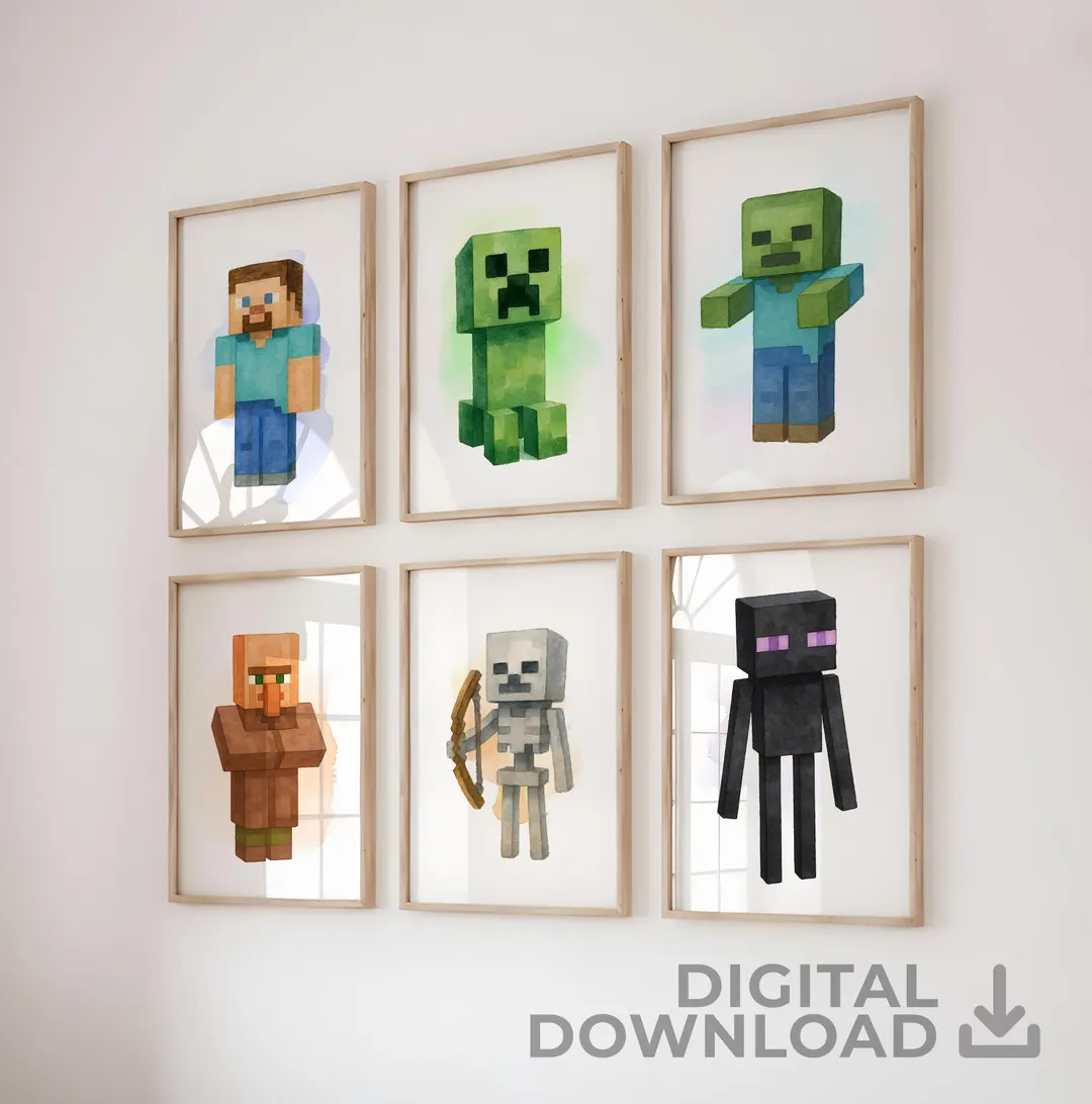 Minecraft Wall Art Poster Minimalist Set, 6 Set Printable Prints, Steve, Creeper, Zombie, Village... | Etsy (US)