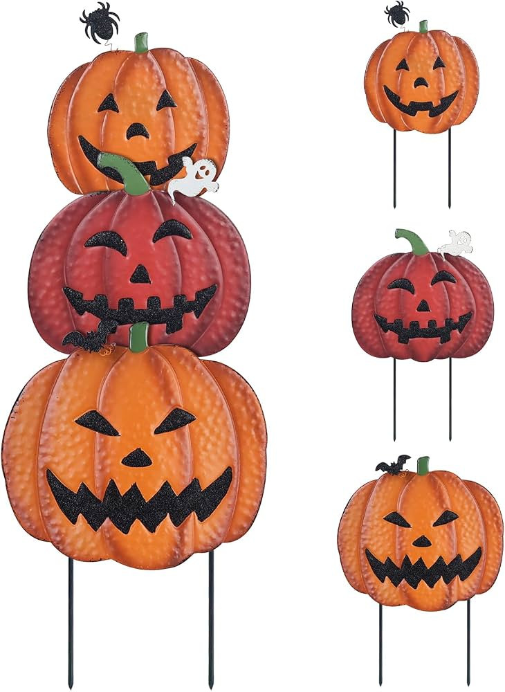 hogardeck Outdoor Halloween Decorations, 34" Decorative Garden Stakes with 3 Pumpkins for Hallowe... | Amazon (US)