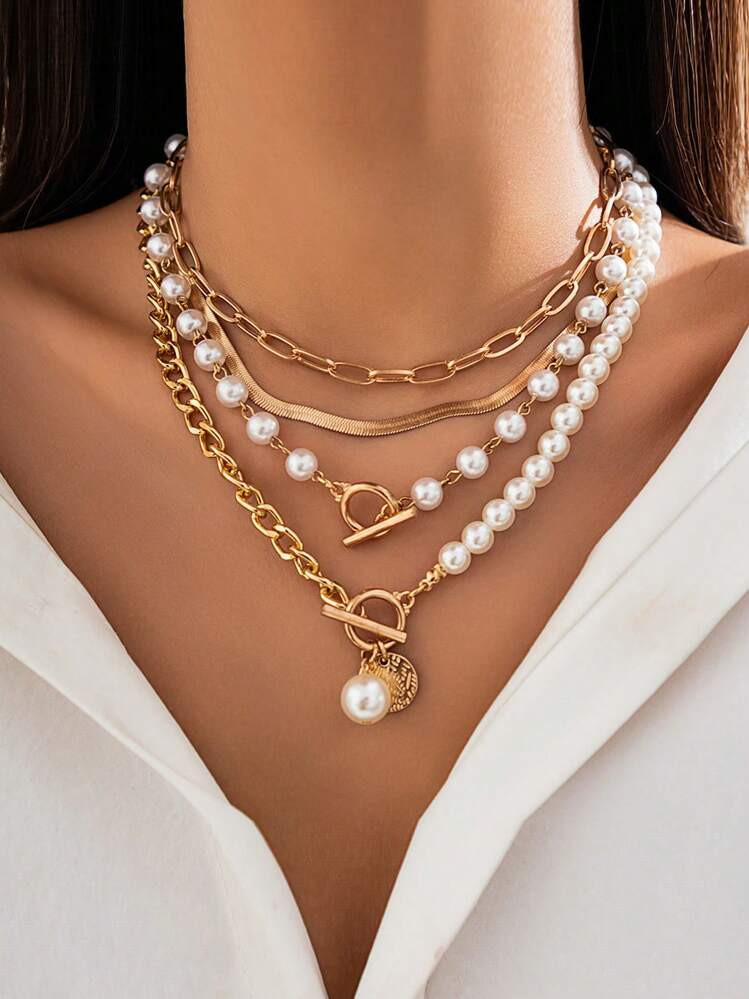 4pcs Elegant Gold Chain Necklace With Faux Pearl - Versatile Alloy Jewelry For Daily Wear | SHEIN