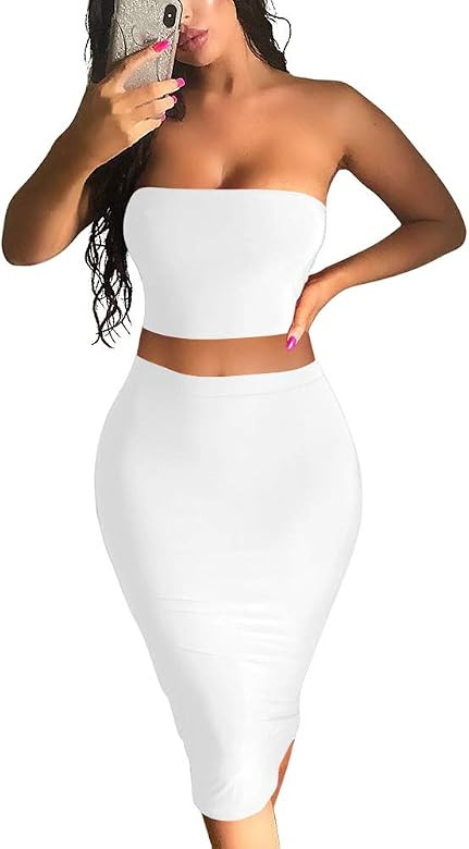 YMDUCH Women's Sexy Summer Crop Tube Top 2 Pieces Set Bodycon Midi Club Dress | Amazon (US)