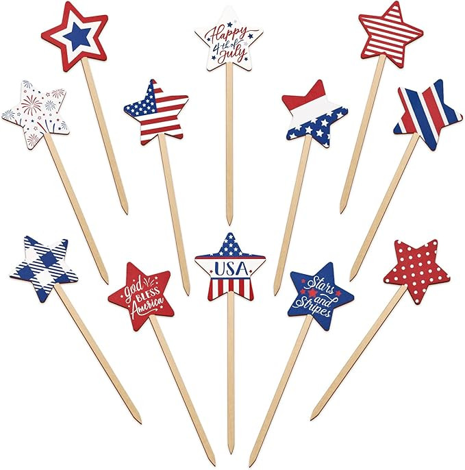 Xylolfsty 4th of July Table Decorations 12 PCS Patriotic Star Wooden Decorative Picks American In... | Amazon (US)