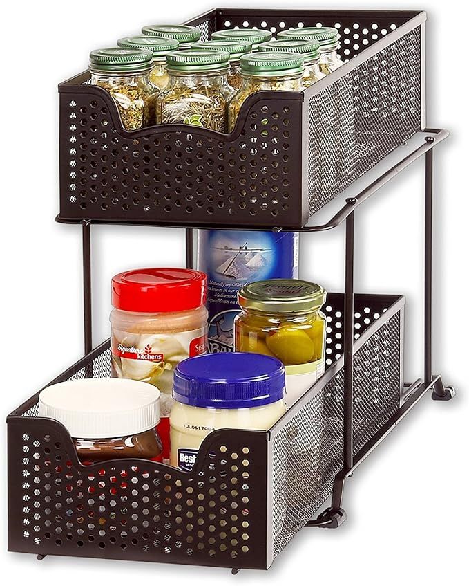 SimpleHouseware 2 Tier Sliding Cabinet Basket Organizer Drawer, Bronze | Amazon (US)