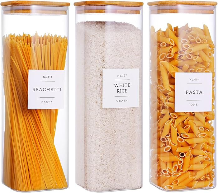 3 Pack Square Kitchen Storage Jars with Airtight Bamboo Lids and 132 Pantry Labels - 80oz Glass C... | Amazon (US)