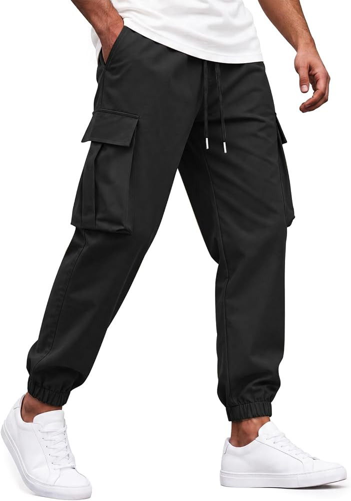 Aoysky Mens Cargo Pants Elastic Waist Tapered Joggers with Multi Pockets | Amazon (US)