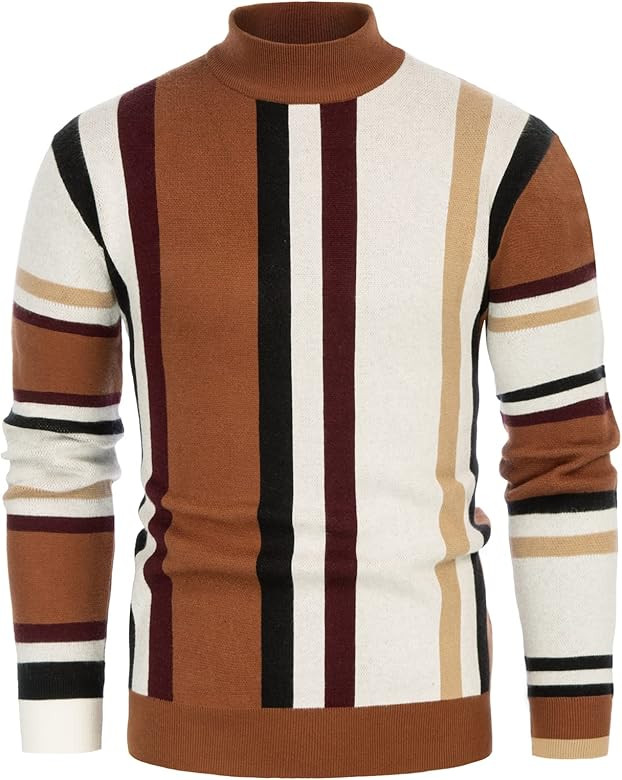 GRACE KARIN Mens Vintage Sweater Mockneck Striped Pullover Sweater Fashion Jumper Sweater | Amazon (US)