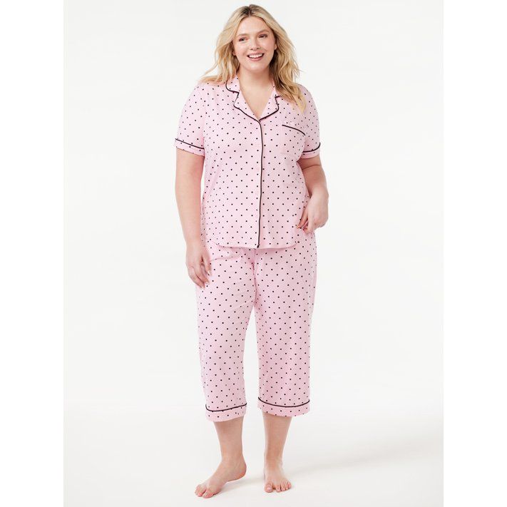 Joyspun Women's Knit Notch Collar Top and Capris Sleep Set, 2-Piece, Sizes S to 5X | Walmart (US)