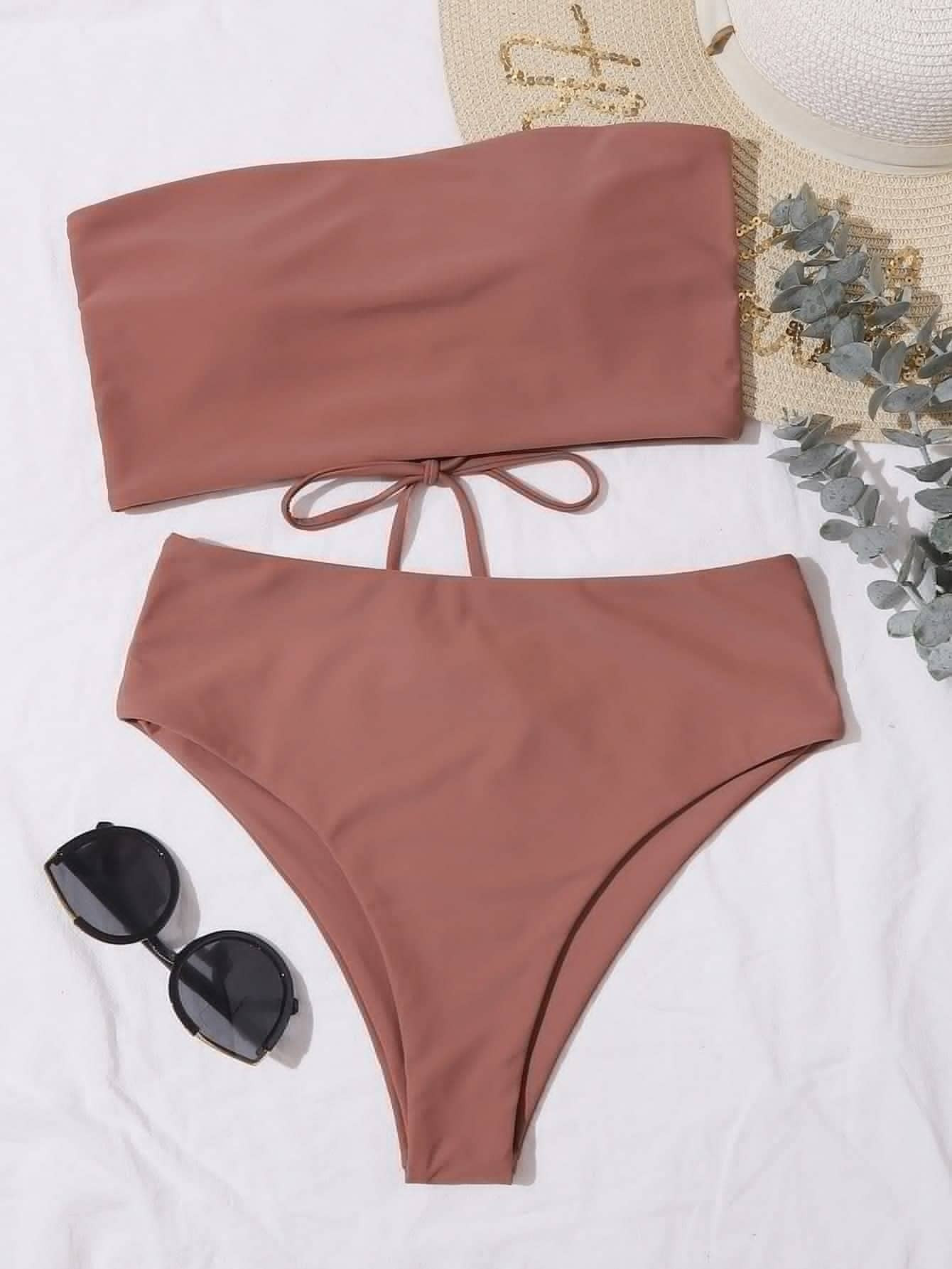 Solid Bikini Set Lace Up Back Reversible Tube Bra & High Waisted Bottom 2 Piece Bathing Suit | SHEIN