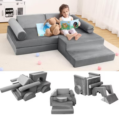 13-Piece Modular Kids Nugget Couch ¨C Convertible Toddler Sofa Play Couch in Grey with Luxurious Microvelvet & High-Density Foam, Grey | Target