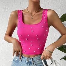 Pearls Beaded Crop Tank Top | SHEIN