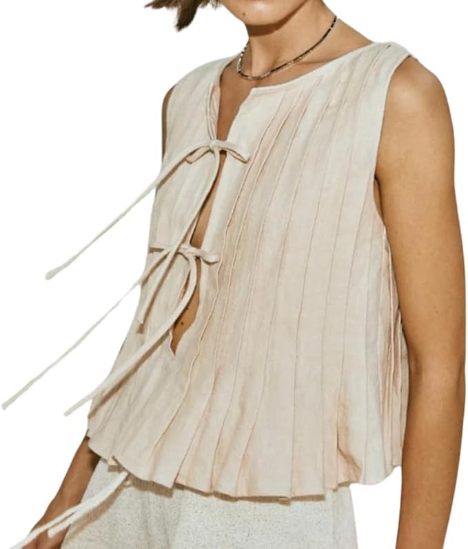 Women Sleeveless Pleated Front Tie Linen Top Y2k Coquette Bow Tie Tank Top Aesthetic Solid Knotte... | Amazon (US)