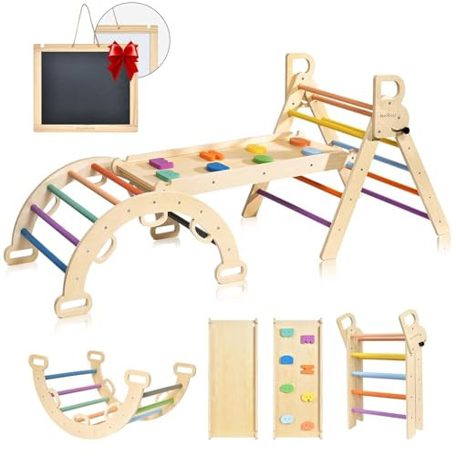 BlueWood Pikler Triangle Set, 7-in-1 Foldable Wooden Toddler Climbing Toys Indoor Playground Jungle Gym Montessori Philosophy Climber for 2-6 Years Old, Baby, Kids (Rainbow) | Amazon (US)