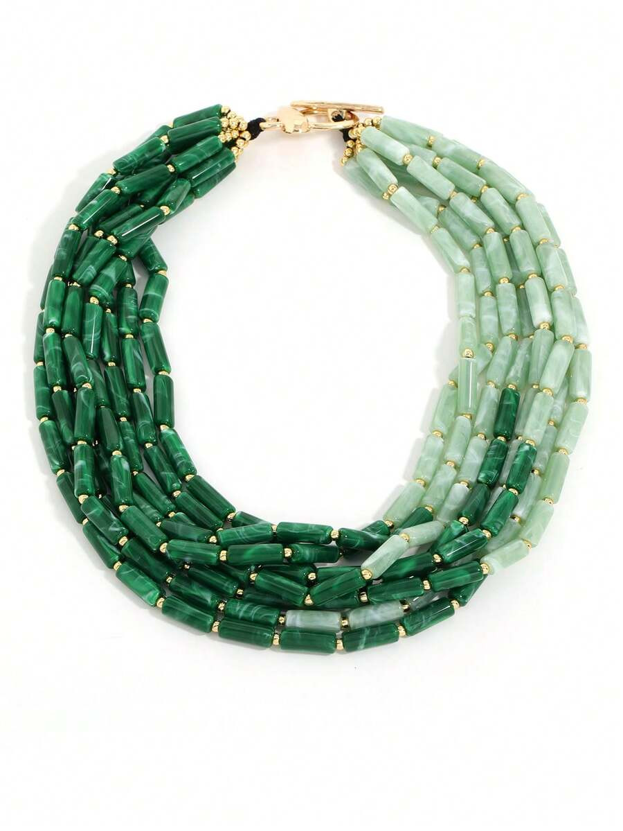 Exaggerated Multi-Layer Ombre Green Beaded Necklace, Retro Choker, Fashionable Versatile Accessor... | SHEIN