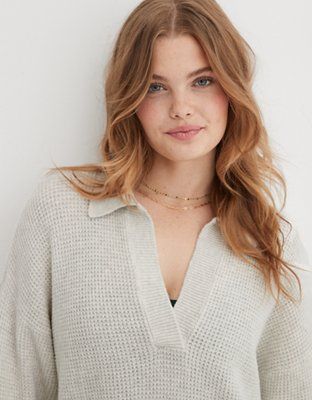 Aerie CozyUp Waffle Polo Sweater | Aerie