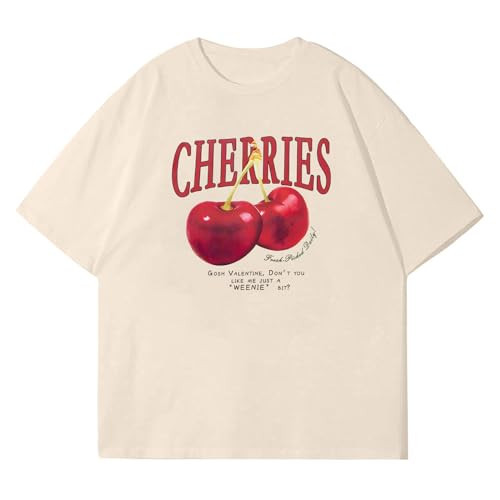 Pairxily Oversized Graphic Tees Vintage Cherry Fruit Shirt for Men Aesthetic Printed Unisex T Shirts Short Sleeve Casual Tops(Apricot,S) | Amazon (US)