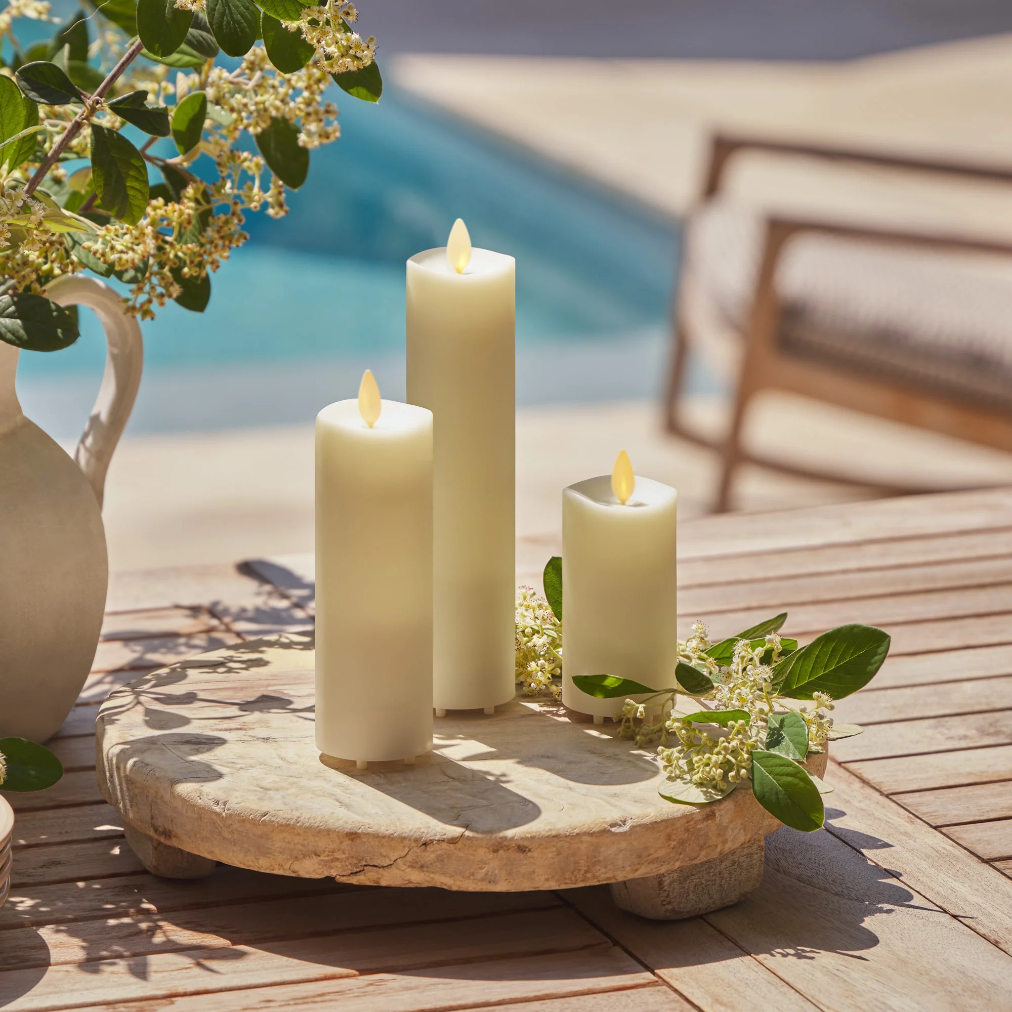 Set of 3 Pearl Ivory Outdoor Flameless Candle Slim Pillars with Remote - Melted Top | Luminara