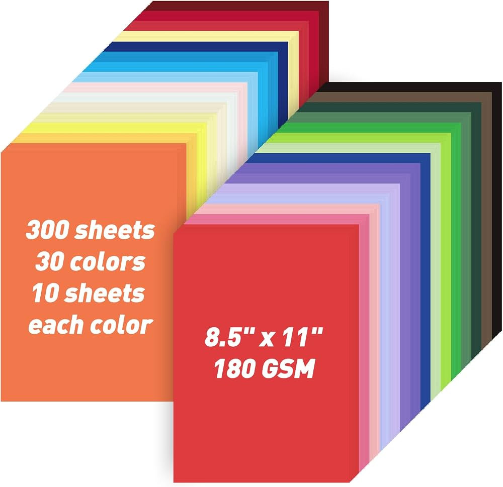 8.5" X 11" Colored Cardstock Bulk 300 Sheets 30 Assorted Colors Construction Paper Card Stock Pri... | Amazon (US)