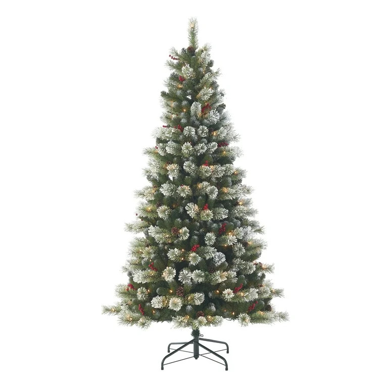 7.5 ft Pre-Lit Flocked Clyburn Pine Artificial Christmas Tree,350 Clear Lights, Green, by Holiday... | Walmart (US)