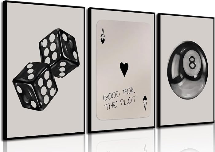 BOKPEN 3Pcs Black and White Poker Dice Wall Art Funky Retro Y2K Trendy Preppy Pictures Lucky 8 Ba... | Amazon (US)