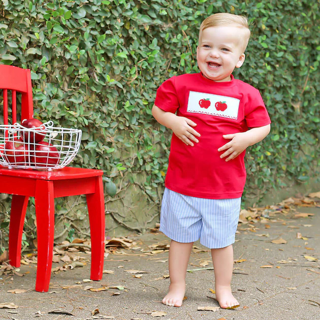 Smocked Apples Blue Stripe Boy Short Set | Classic Whimsy