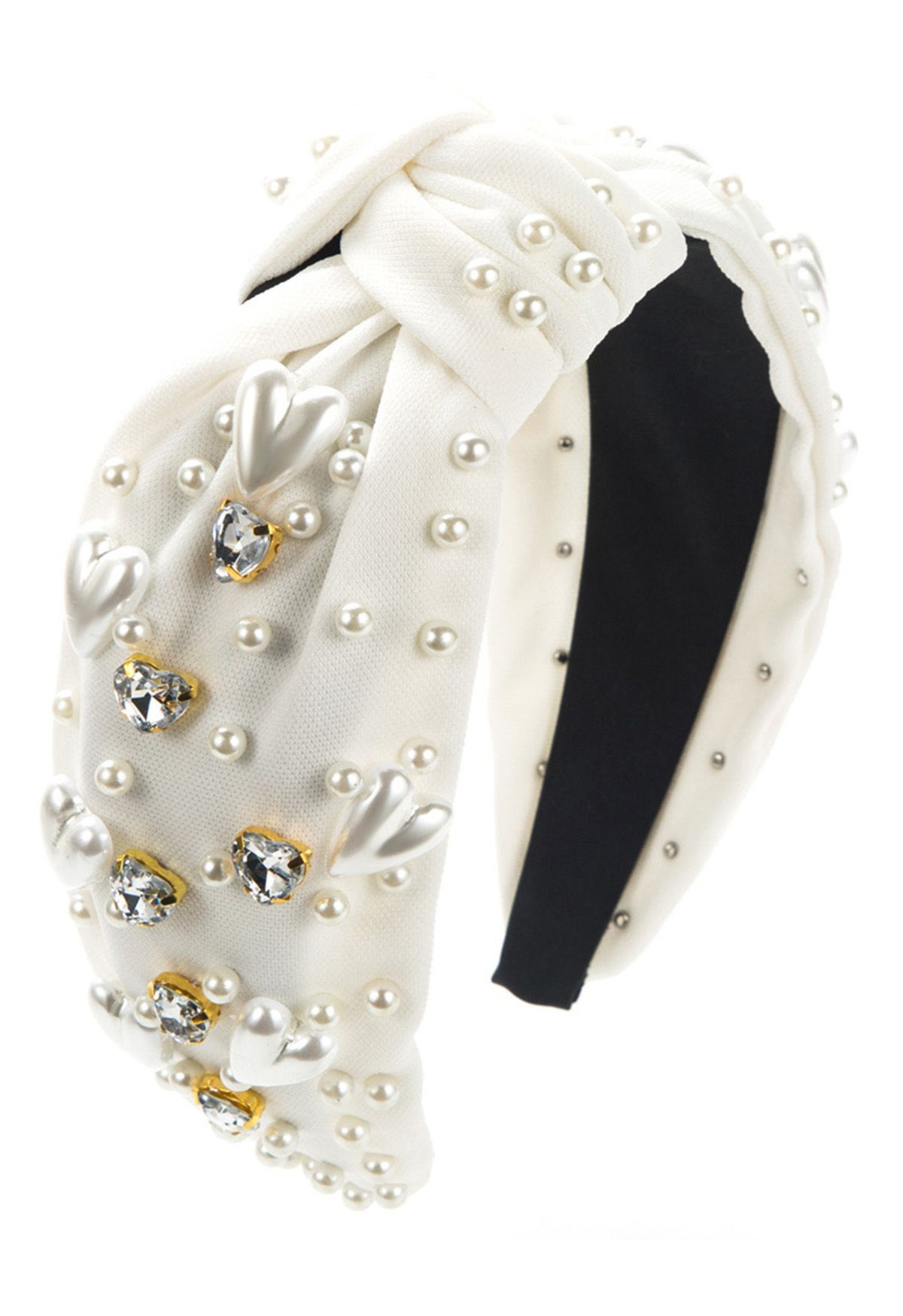 Heart Rhinestone Pearl Knotted Headband in White | Chicwish