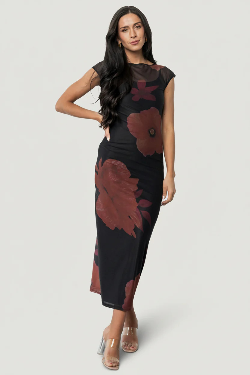Daniela Mesh Midi Dress - Black Floral Slip | Baltic Born | Baltic Born